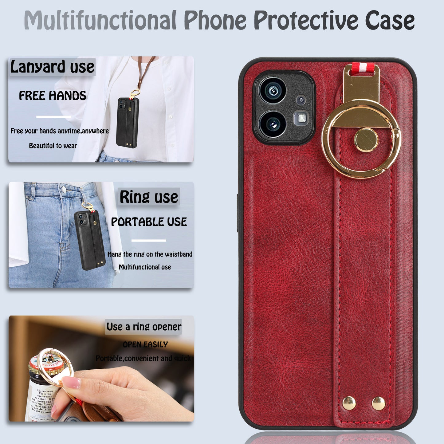 For Nothing phone (1) 5G Wristband Kickstand Phone Cover Leather Coated PC+TPU Phone Case with Neck Strap