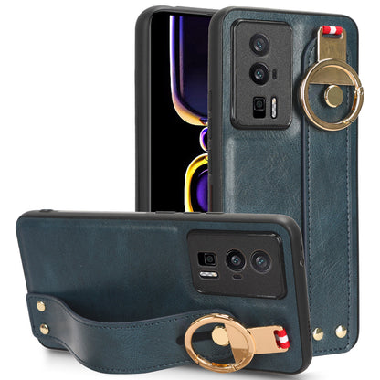 Wristband Kickstand Phone Cover for Xiaomi Poco F5 Pro 5G / Redmi K60 Pro 5G / K60 5G , Leather Coated PC+TPU Case with Neck Strap
