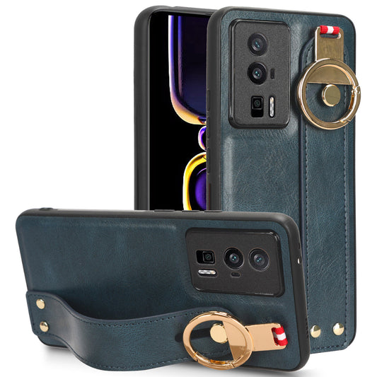 Wristband Kickstand Phone Cover for Xiaomi Poco F5 Pro 5G / Redmi K60 Pro 5G / K60 5G , Leather Coated PC+TPU Case with Neck Strap