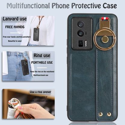 Wristband Kickstand Phone Cover for Xiaomi Poco F5 Pro 5G / Redmi K60 Pro 5G / K60 5G , Leather Coated PC+TPU Case with Neck Strap
