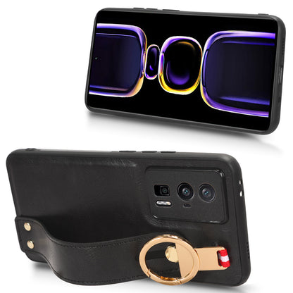 Wristband Kickstand Phone Cover for Xiaomi Poco F5 Pro 5G / Redmi K60 Pro 5G / K60 5G , Leather Coated PC+TPU Case with Neck Strap