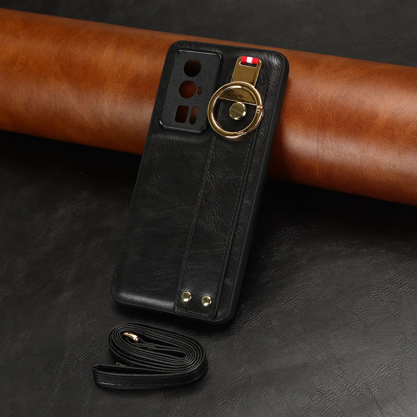 Wristband Kickstand Phone Cover for Xiaomi Poco F5 Pro 5G / Redmi K60 Pro 5G / K60 5G , Leather Coated PC+TPU Case with Neck Strap