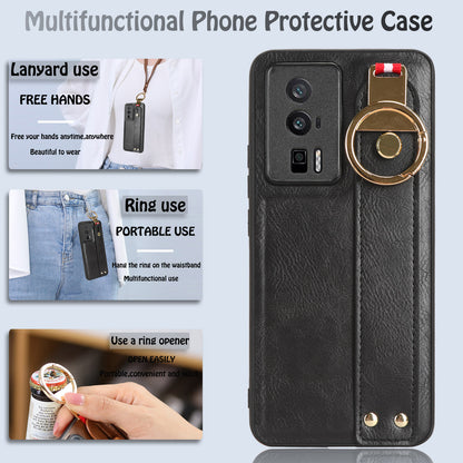 Wristband Kickstand Phone Cover for Xiaomi Poco F5 Pro 5G / Redmi K60 Pro 5G / K60 5G , Leather Coated PC+TPU Case with Neck Strap