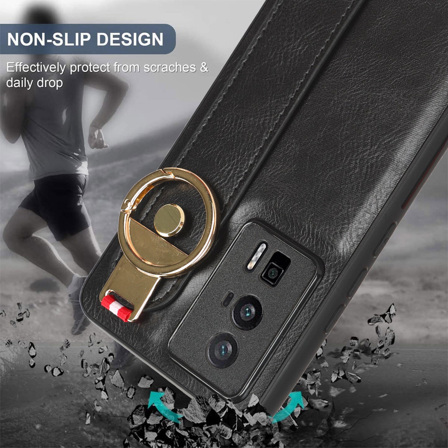 Wristband Kickstand Phone Cover for Xiaomi Poco F5 Pro 5G / Redmi K60 Pro 5G / K60 5G , Leather Coated PC+TPU Case with Neck Strap