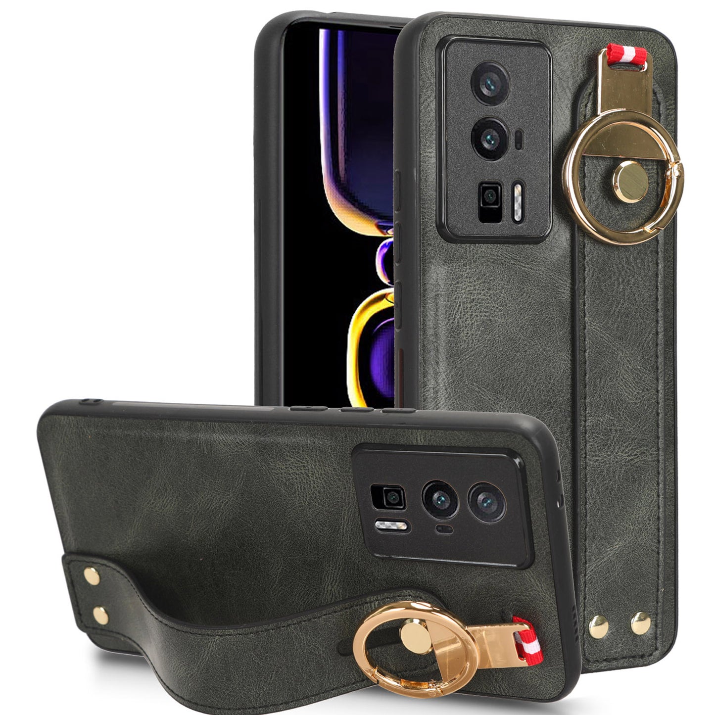 Wristband Kickstand Phone Cover for Xiaomi Poco F5 Pro 5G / Redmi K60 Pro 5G / K60 5G , Leather Coated PC+TPU Case with Neck Strap