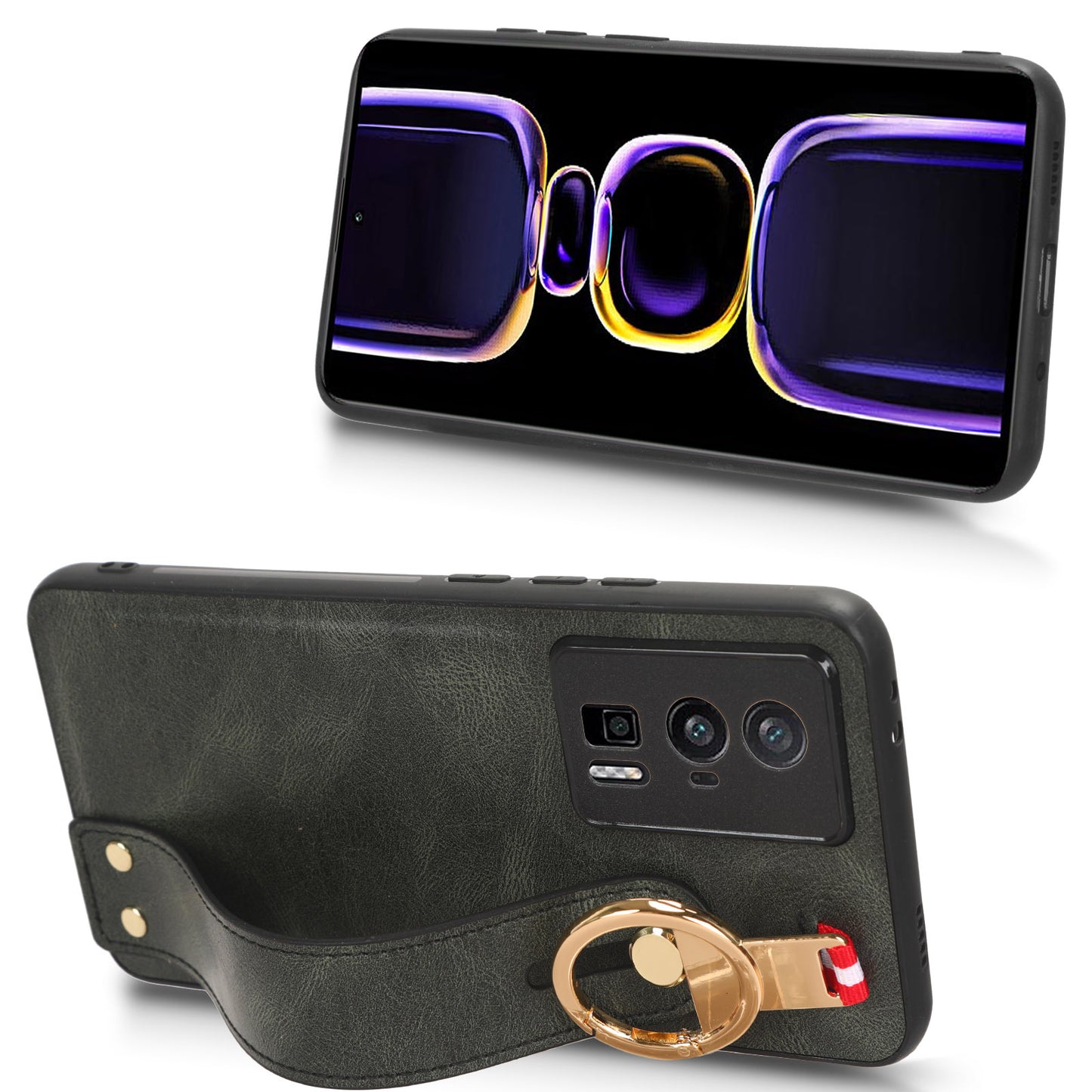 Wristband Kickstand Phone Cover for Xiaomi Poco F5 Pro 5G / Redmi K60 Pro 5G / K60 5G , Leather Coated PC+TPU Case with Neck Strap
