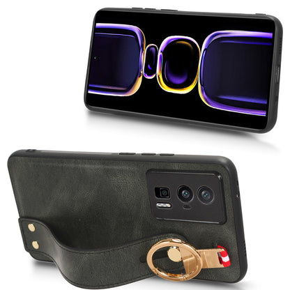Wristband Kickstand Phone Cover for Xiaomi Poco F5 Pro 5G / Redmi K60 Pro 5G / K60 5G , Leather Coated PC+TPU Case with Neck Strap