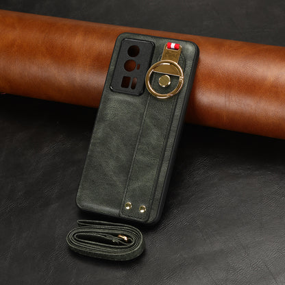 Wristband Kickstand Phone Cover for Xiaomi Poco F5 Pro 5G / Redmi K60 Pro 5G / K60 5G , Leather Coated PC+TPU Case with Neck Strap