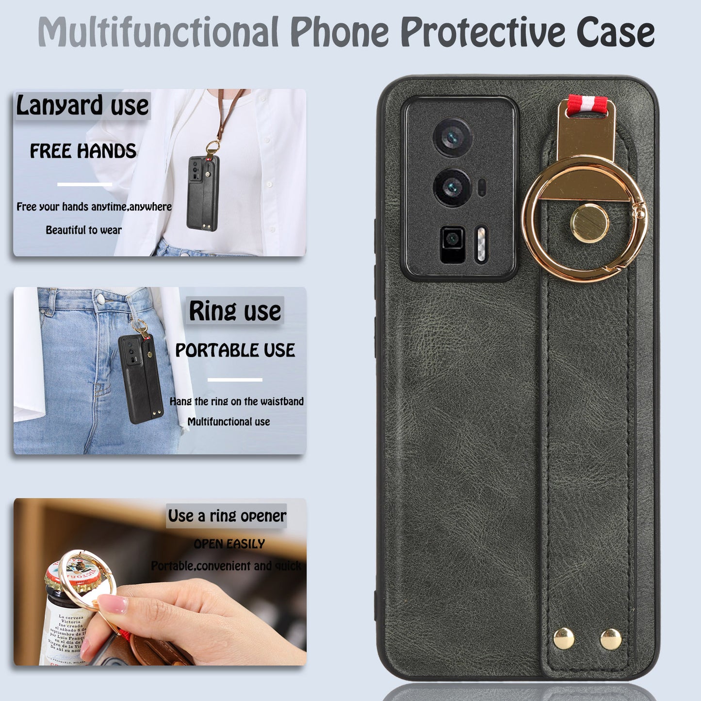 Wristband Kickstand Phone Cover for Xiaomi Poco F5 Pro 5G / Redmi K60 Pro 5G / K60 5G , Leather Coated PC+TPU Case with Neck Strap