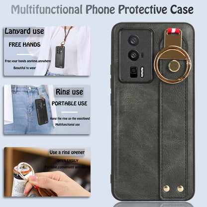 Wristband Kickstand Phone Cover for Xiaomi Poco F5 Pro 5G / Redmi K60 Pro 5G / K60 5G , Leather Coated PC+TPU Case with Neck Strap