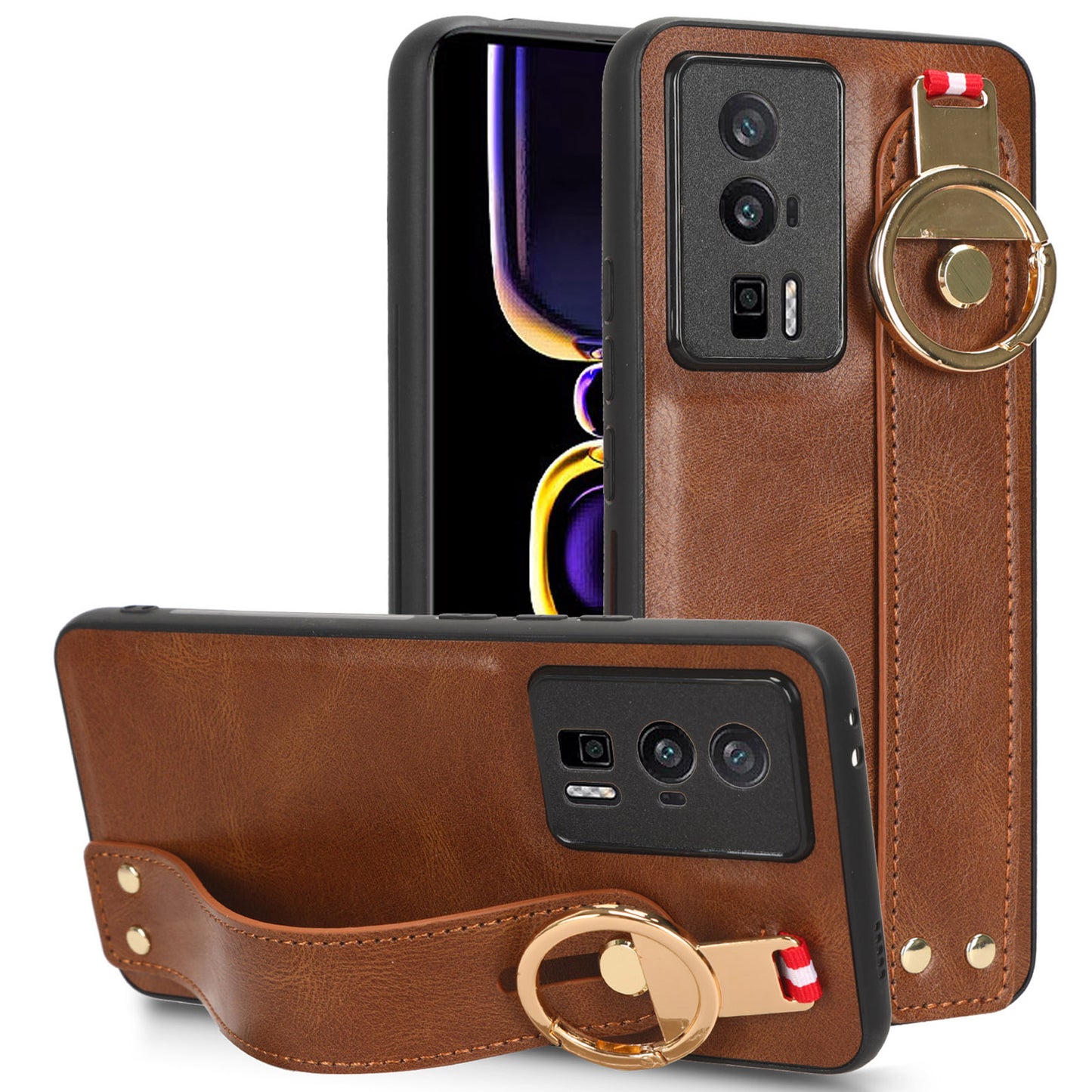 Wristband Kickstand Phone Cover for Xiaomi Poco F5 Pro 5G / Redmi K60 Pro 5G / K60 5G , Leather Coated PC+TPU Case with Neck Strap