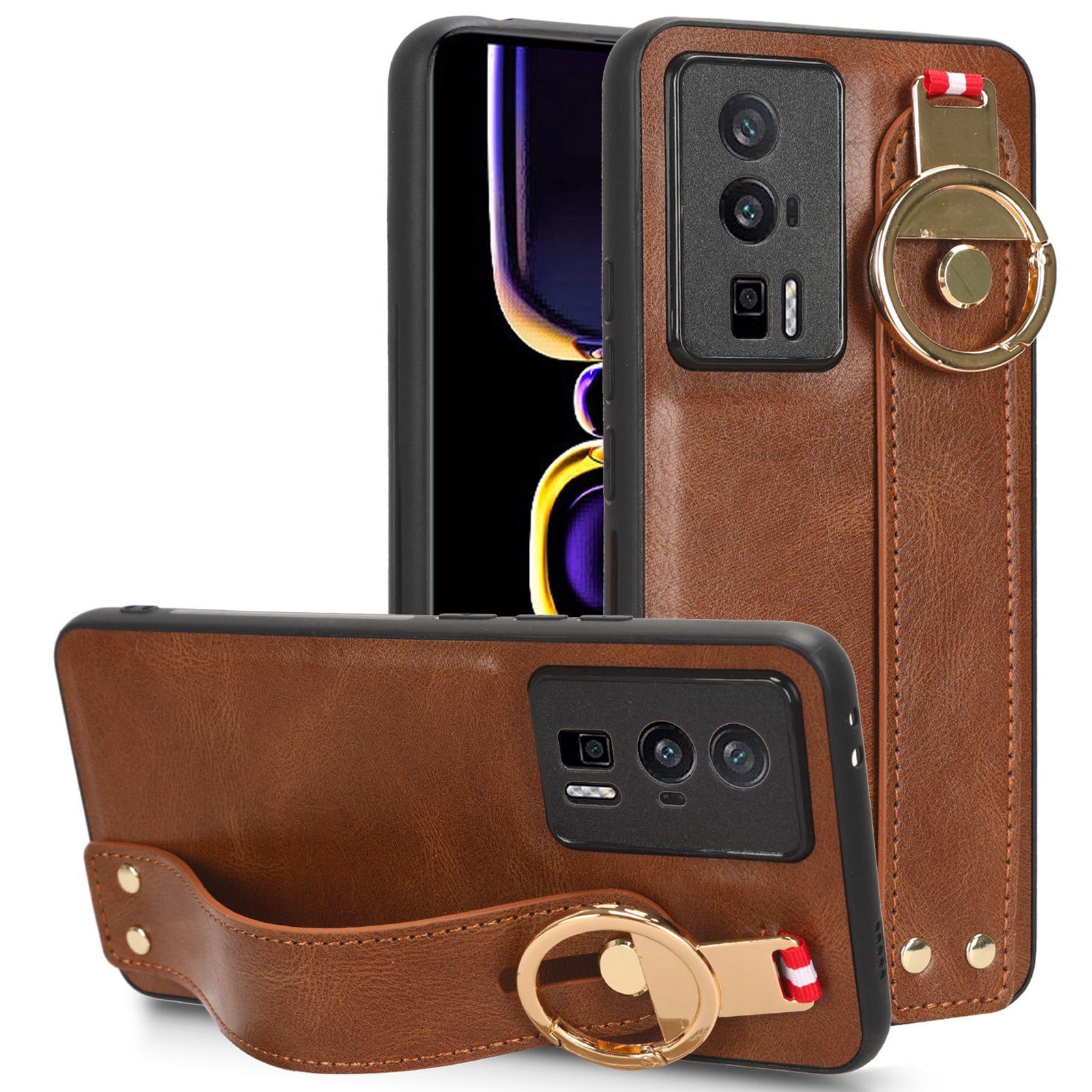 Wristband Kickstand Phone Cover for Xiaomi Poco F5 Pro 5G / Redmi K60 Pro 5G / K60 5G , Leather Coated PC+TPU Case with Neck Strap