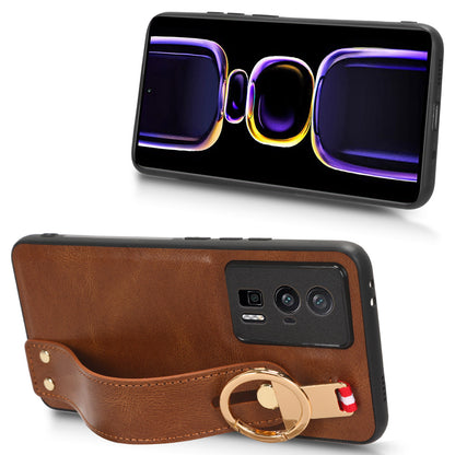Wristband Kickstand Phone Cover for Xiaomi Poco F5 Pro 5G / Redmi K60 Pro 5G / K60 5G , Leather Coated PC+TPU Case with Neck Strap