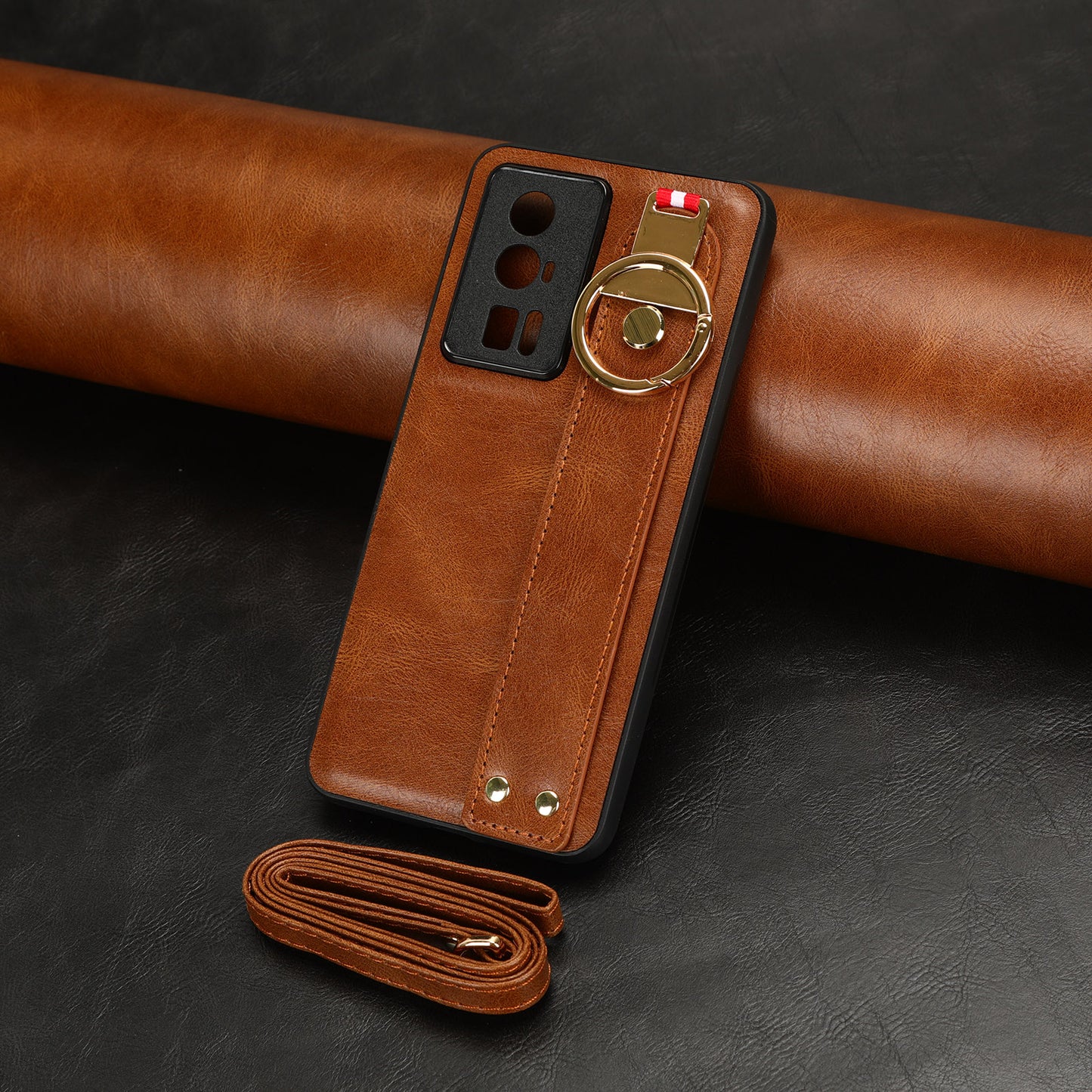 Wristband Kickstand Phone Cover for Xiaomi Poco F5 Pro 5G / Redmi K60 Pro 5G / K60 5G , Leather Coated PC+TPU Case with Neck Strap