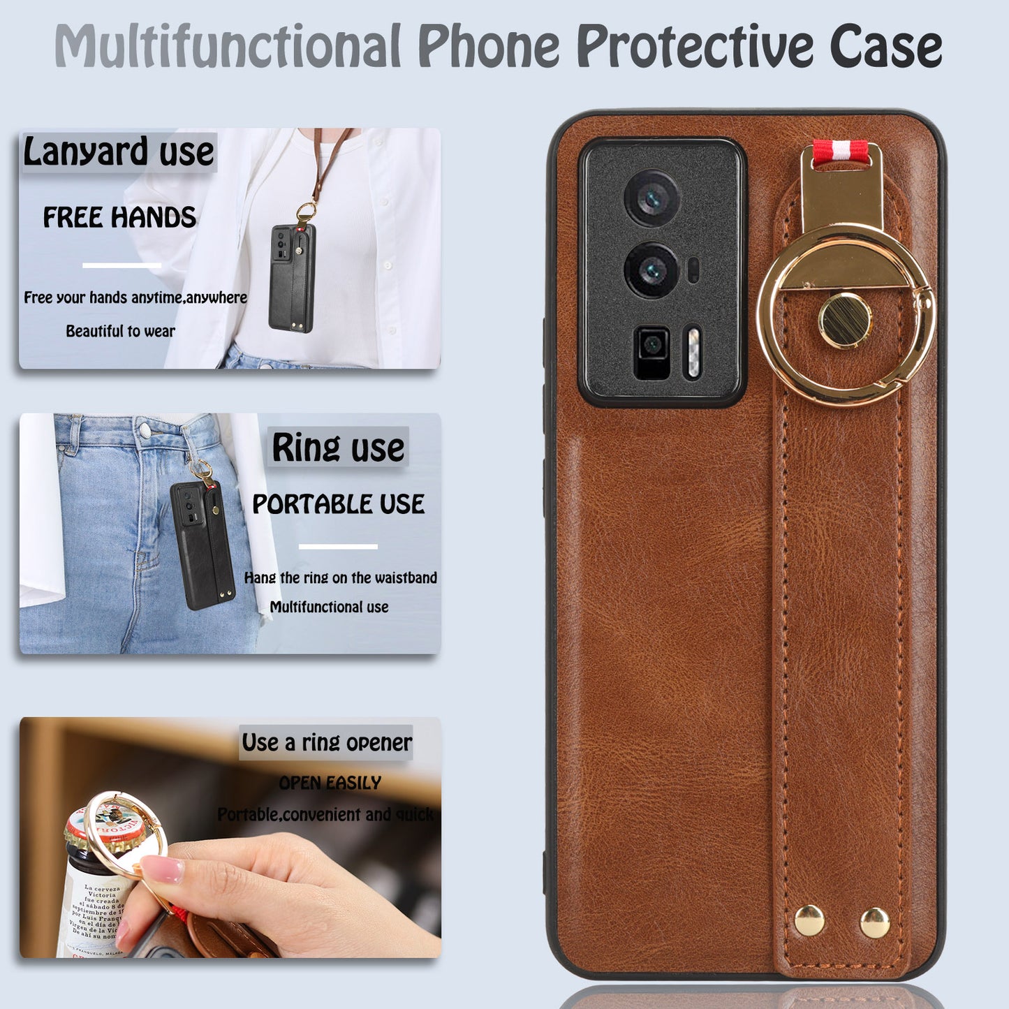 Wristband Kickstand Phone Cover for Xiaomi Poco F5 Pro 5G / Redmi K60 Pro 5G / K60 5G , Leather Coated PC+TPU Case with Neck Strap