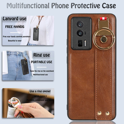 Wristband Kickstand Phone Cover for Xiaomi Poco F5 Pro 5G / Redmi K60 Pro 5G / K60 5G , Leather Coated PC+TPU Case with Neck Strap