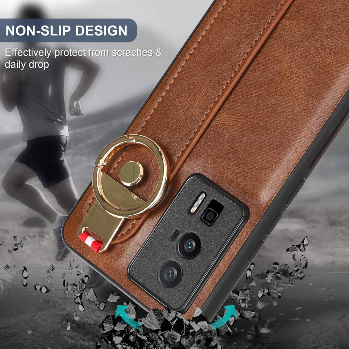 Wristband Kickstand Phone Cover for Xiaomi Poco F5 Pro 5G / Redmi K60 Pro 5G / K60 5G , Leather Coated PC+TPU Case with Neck Strap