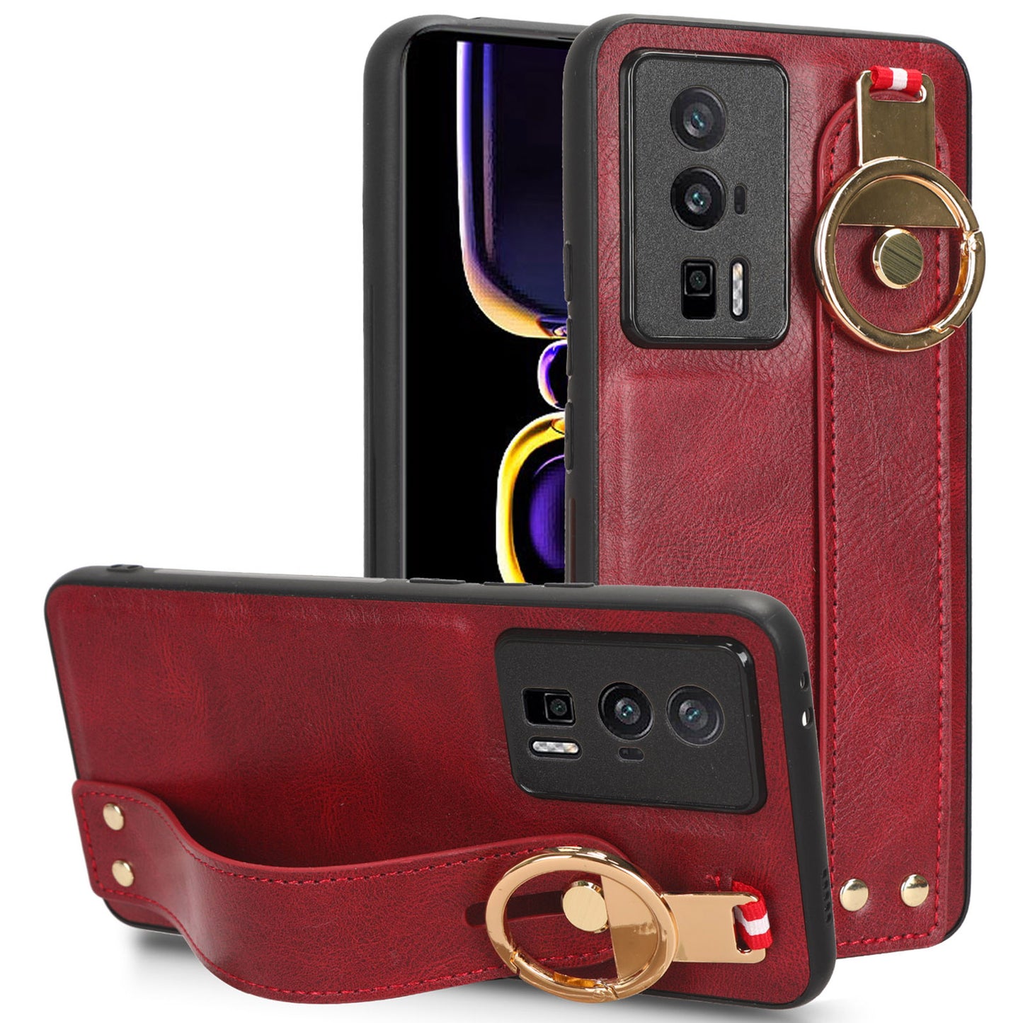 Wristband Kickstand Phone Cover for Xiaomi Poco F5 Pro 5G / Redmi K60 Pro 5G / K60 5G , Leather Coated PC+TPU Case with Neck Strap