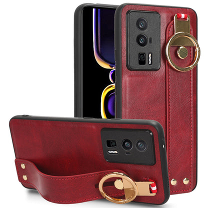 Wristband Kickstand Phone Cover for Xiaomi Poco F5 Pro 5G / Redmi K60 Pro 5G / K60 5G , Leather Coated PC+TPU Case with Neck Strap
