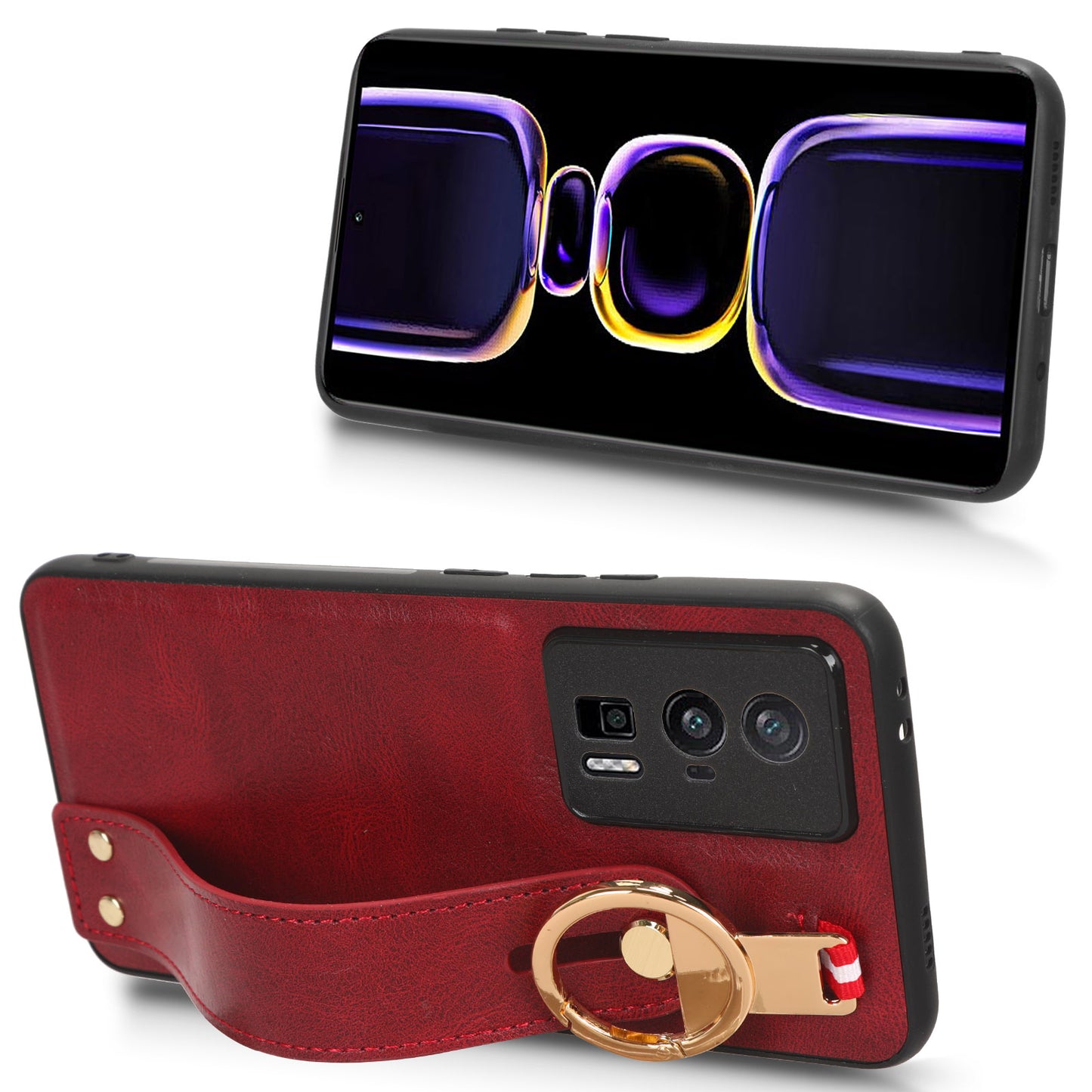 Wristband Kickstand Phone Cover for Xiaomi Poco F5 Pro 5G / Redmi K60 Pro 5G / K60 5G , Leather Coated PC+TPU Case with Neck Strap