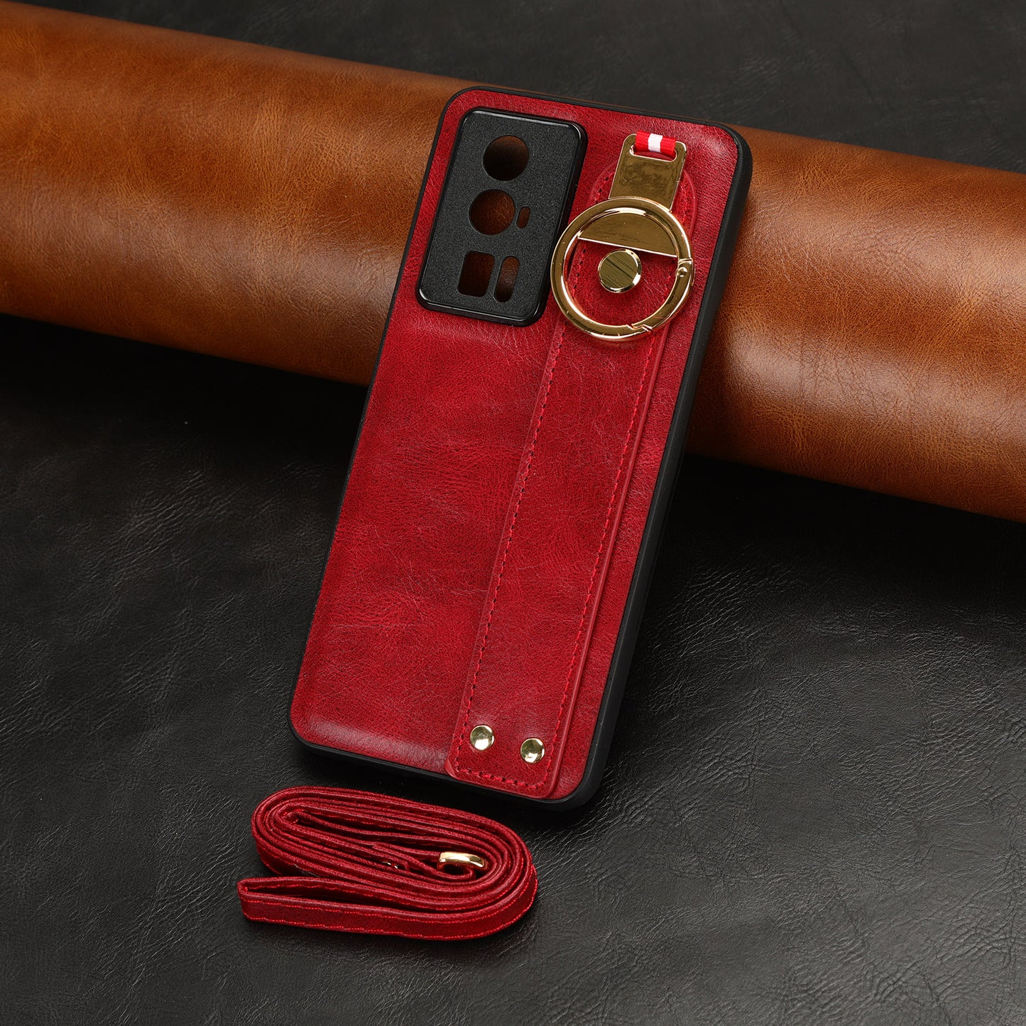 Wristband Kickstand Phone Cover for Xiaomi Poco F5 Pro 5G / Redmi K60 Pro 5G / K60 5G , Leather Coated PC+TPU Case with Neck Strap