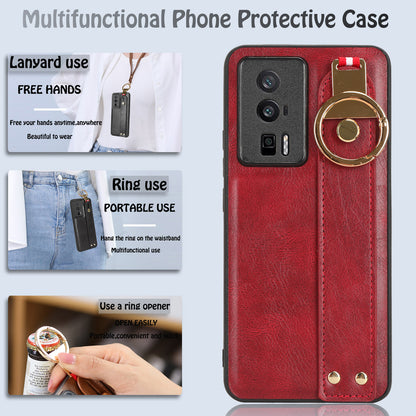 Wristband Kickstand Phone Cover for Xiaomi Poco F5 Pro 5G / Redmi K60 Pro 5G / K60 5G , Leather Coated PC+TPU Case with Neck Strap