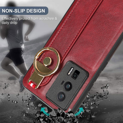Wristband Kickstand Phone Cover for Xiaomi Poco F5 Pro 5G / Redmi K60 Pro 5G / K60 5G , Leather Coated PC+TPU Case with Neck Strap