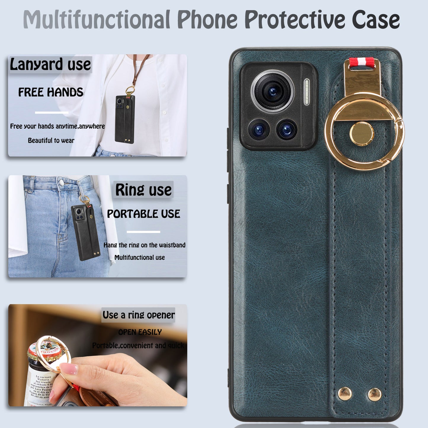 For Motorola Edge 30 Ultra 5G / Moto X30 Pro 5G Phone Case Leather Coated PC+TPU Wristband Kickstand Cover with Neck Strap