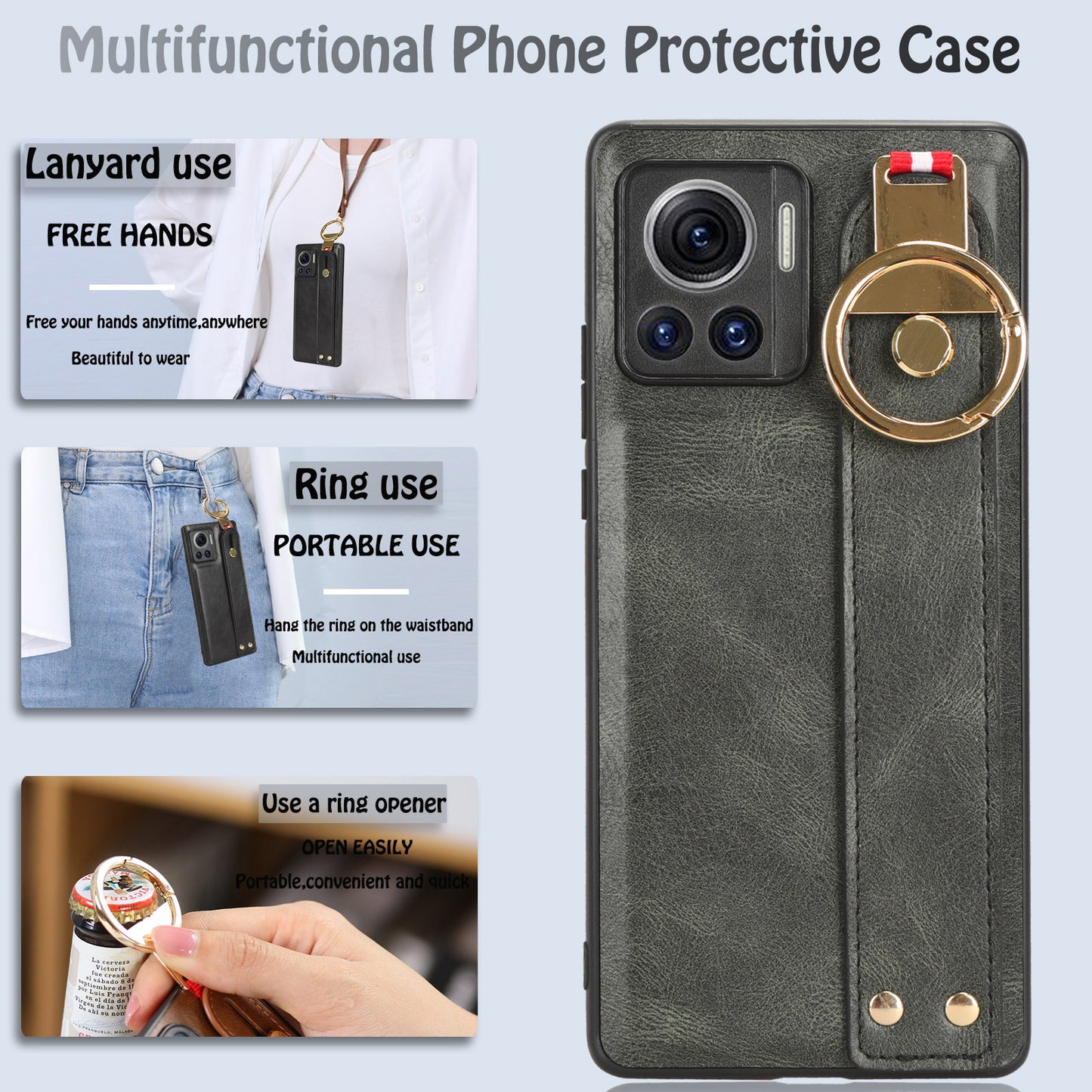 For Motorola Edge 30 Ultra 5G / Moto X30 Pro 5G Phone Case Leather Coated PC+TPU Wristband Kickstand Cover with Neck Strap