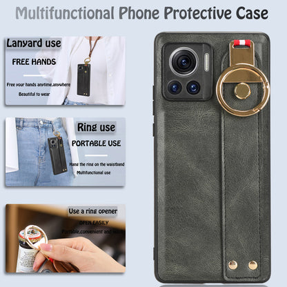 For Motorola Edge 30 Ultra 5G / Moto X30 Pro 5G Phone Case Leather Coated PC+TPU Wristband Kickstand Cover with Neck Strap
