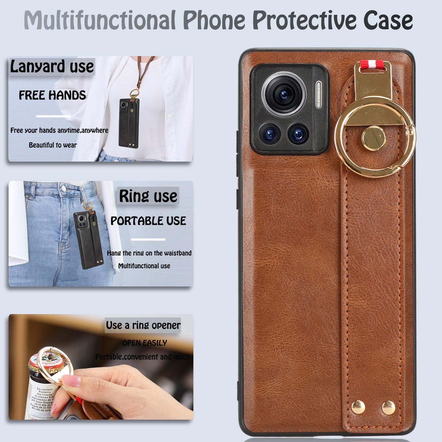 For Motorola Edge 30 Ultra 5G / Moto X30 Pro 5G Phone Case Leather Coated PC+TPU Wristband Kickstand Cover with Neck Strap