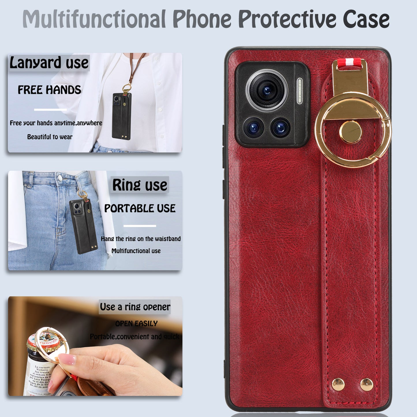 For Motorola Edge 30 Ultra 5G / Moto X30 Pro 5G Phone Case Leather Coated PC+TPU Wristband Kickstand Cover with Neck Strap