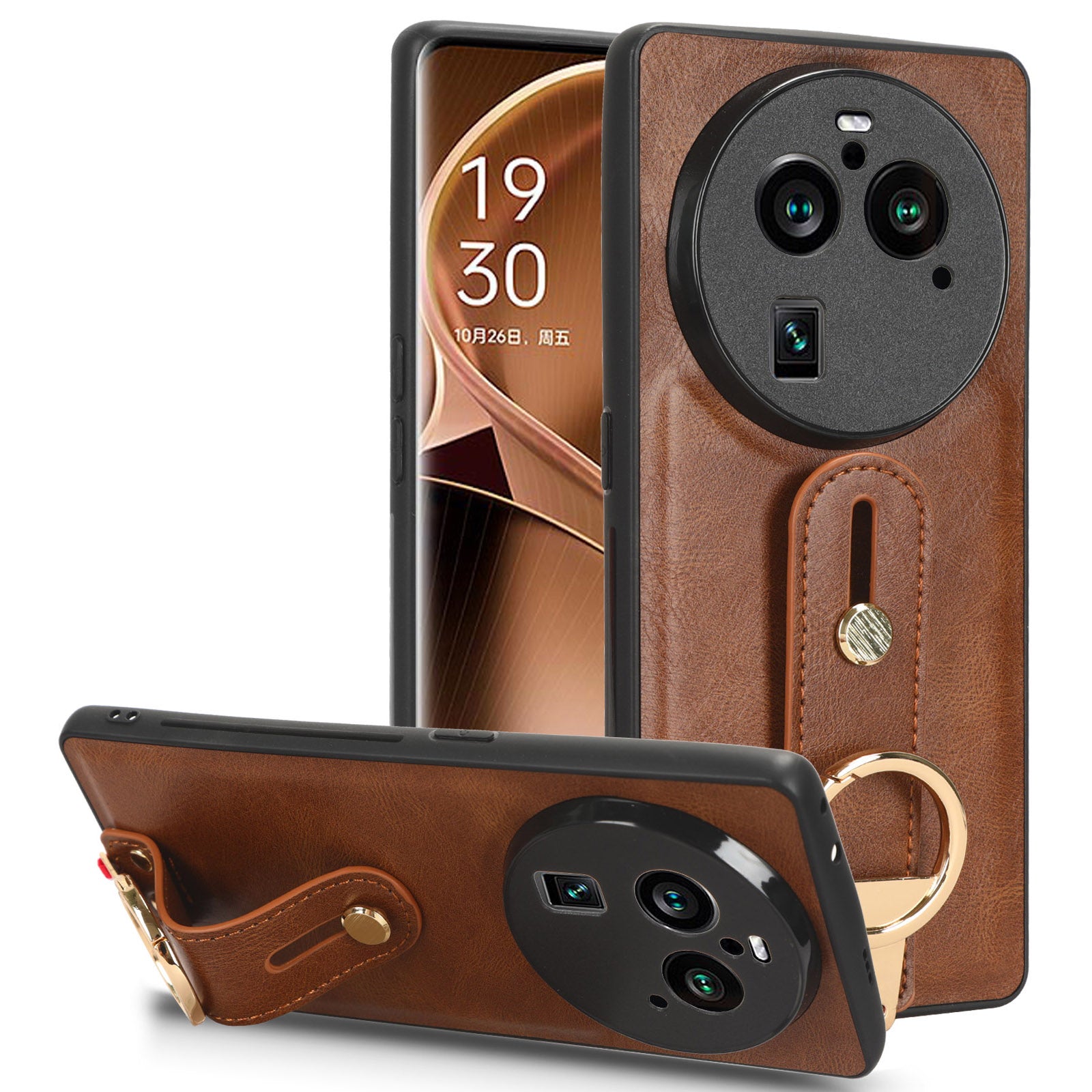 Phone Cover for Oppo Find X6 Pro Wristband Kickstand PU Leather Coated PC+TPU Case with Neck Strap