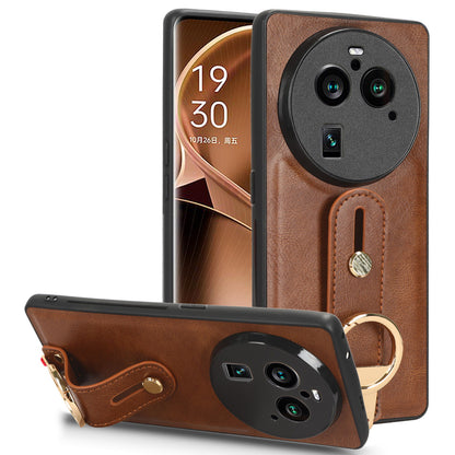 Phone Cover for Oppo Find X6 Pro Wristband Kickstand PU Leather Coated PC+TPU Case with Neck Strap