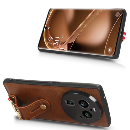 Phone Cover for Oppo Find X6 Pro Wristband Kickstand PU Leather Coated PC+TPU Case with Neck Strap