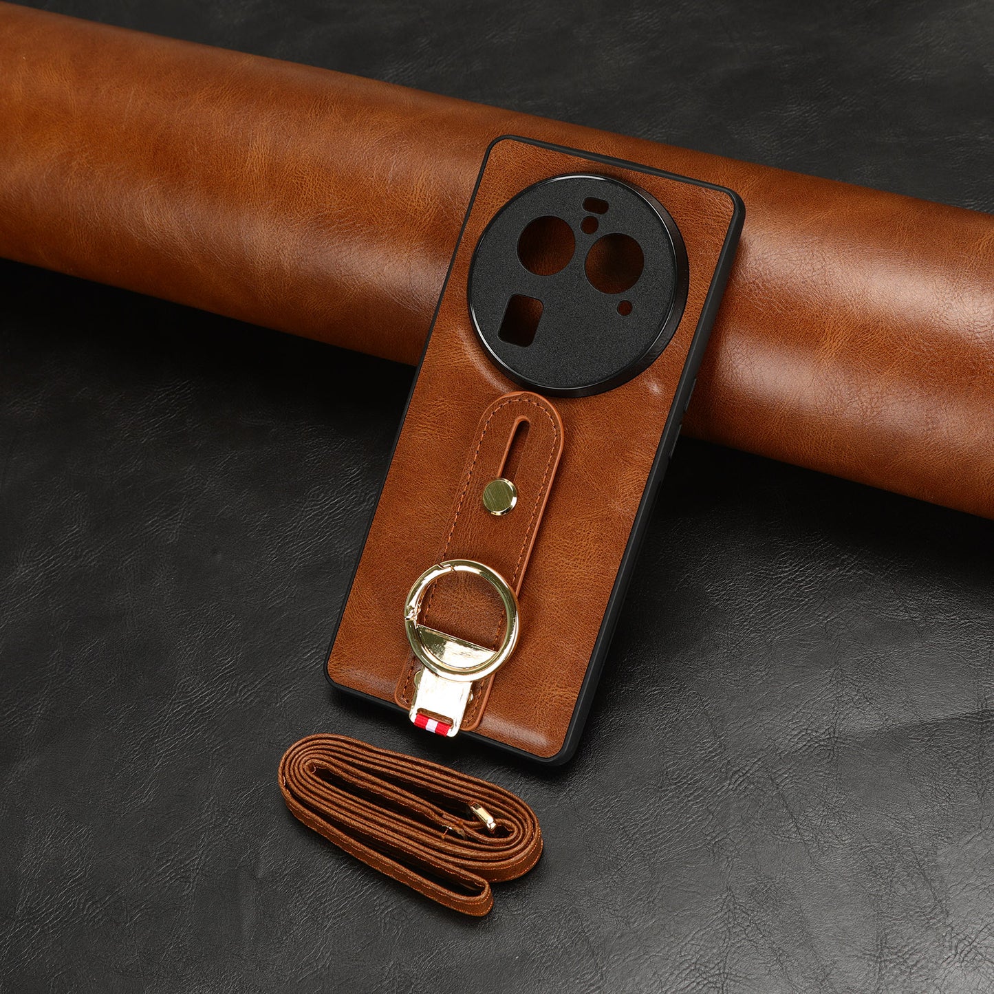 Phone Cover for Oppo Find X6 Pro Wristband Kickstand PU Leather Coated PC+TPU Case with Neck Strap