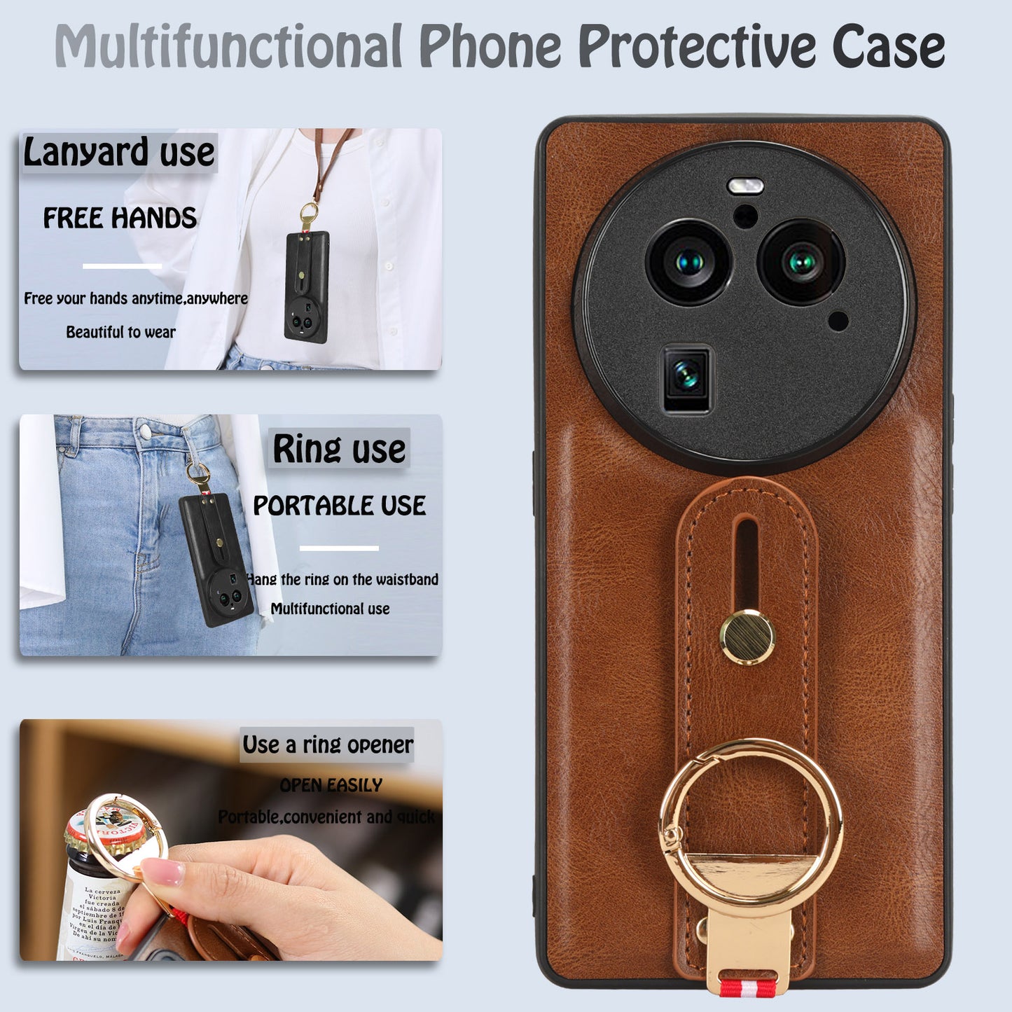 Phone Cover for Oppo Find X6 Pro Wristband Kickstand PU Leather Coated PC+TPU Case with Neck Strap