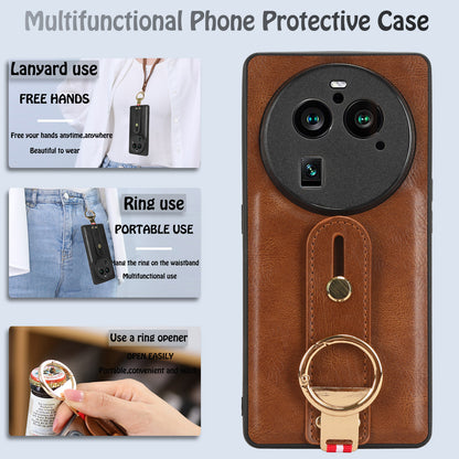 Phone Cover for Oppo Find X6 Pro Wristband Kickstand PU Leather Coated PC+TPU Case with Neck Strap