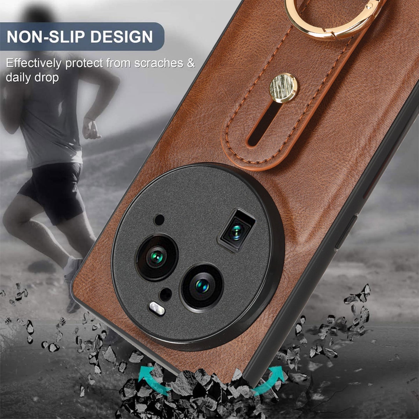 Phone Cover for Oppo Find X6 Pro Wristband Kickstand PU Leather Coated PC+TPU Case with Neck Strap