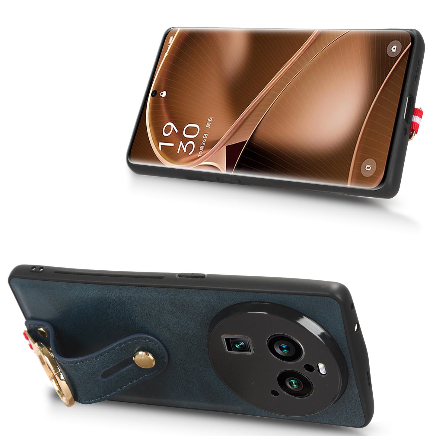 Phone Cover for Oppo Find X6 Pro Wristband Kickstand PU Leather Coated PC+TPU Case with Neck Strap