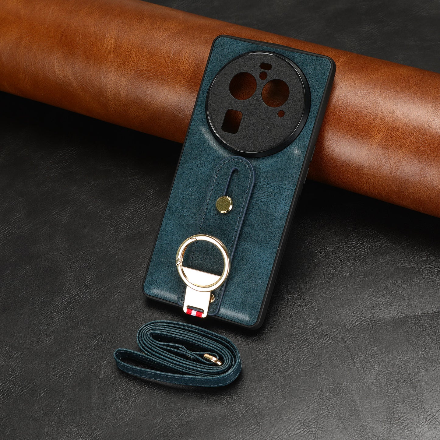 Phone Cover for Oppo Find X6 Pro Wristband Kickstand PU Leather Coated PC+TPU Case with Neck Strap