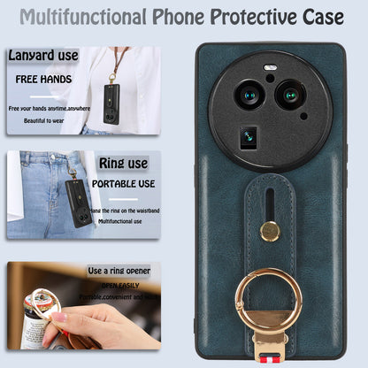 Phone Cover for Oppo Find X6 Pro Wristband Kickstand PU Leather Coated PC+TPU Case with Neck Strap