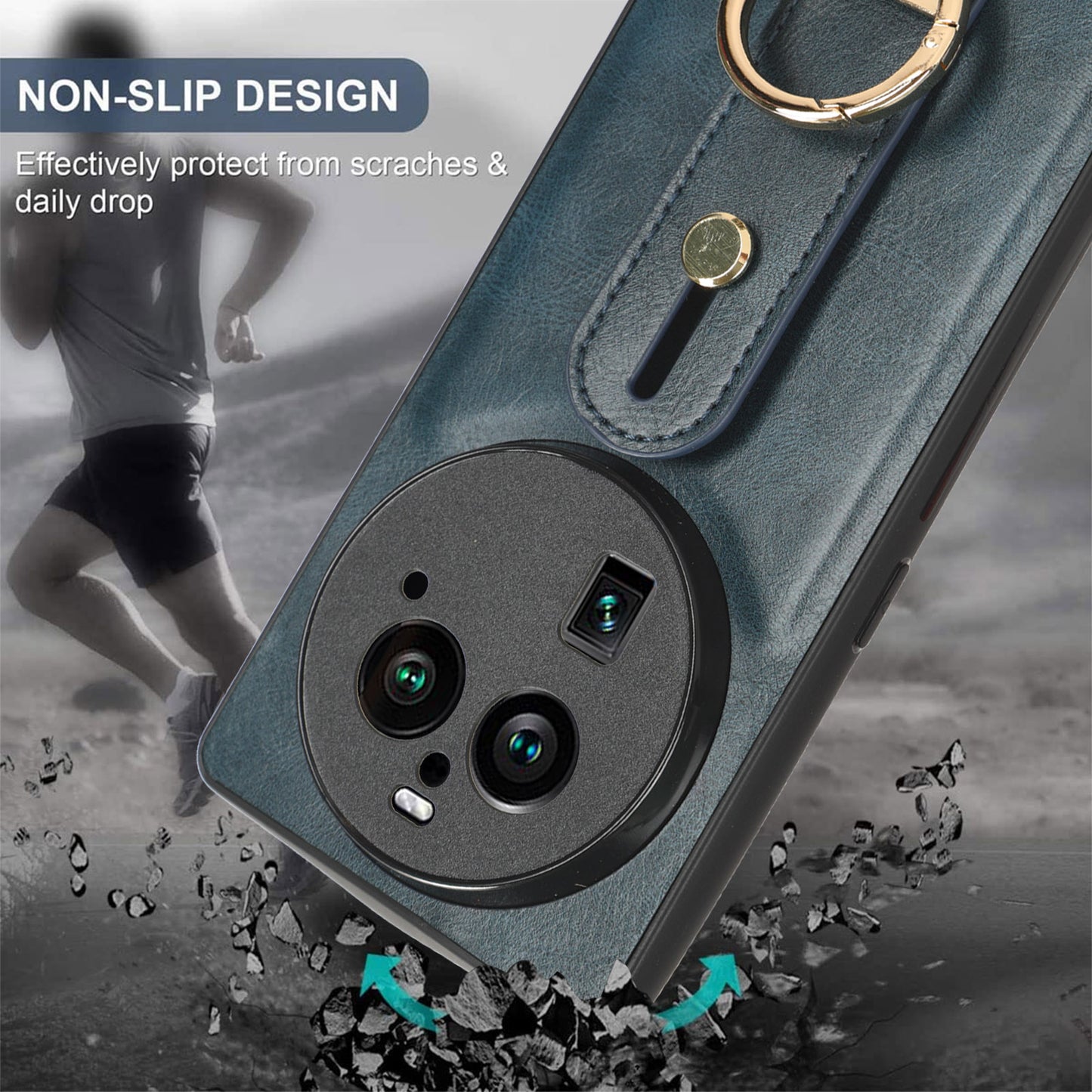 Phone Cover for Oppo Find X6 Pro Wristband Kickstand PU Leather Coated PC+TPU Case with Neck Strap