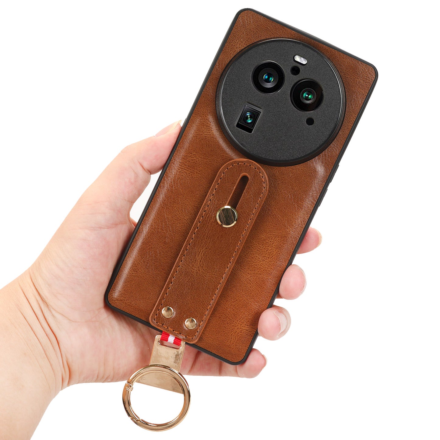 Phone Cover for Oppo Find X6 Pro Wristband Kickstand PU Leather Coated PC+TPU Case with Neck Strap