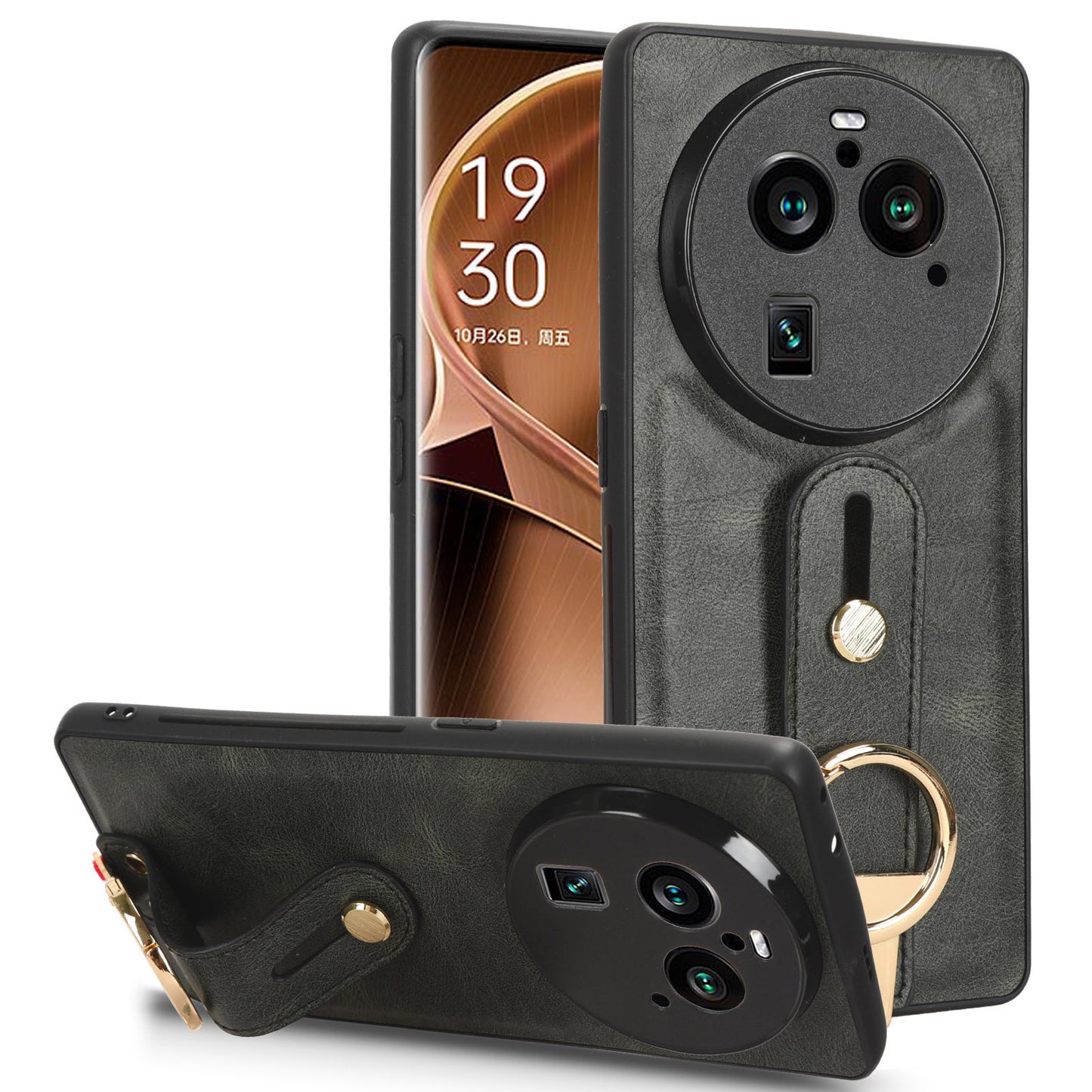 Phone Cover for Oppo Find X6 Pro Wristband Kickstand PU Leather Coated PC+TPU Case with Neck Strap