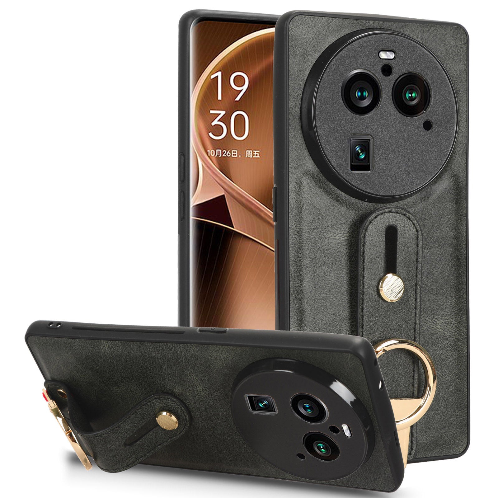 Phone Cover for Oppo Find X6 Pro Wristband Kickstand PU Leather Coated PC+TPU Case with Neck Strap