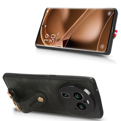 Phone Cover for Oppo Find X6 Pro Wristband Kickstand PU Leather Coated PC+TPU Case with Neck Strap