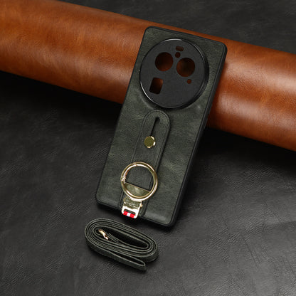 Phone Cover for Oppo Find X6 Pro Wristband Kickstand PU Leather Coated PC+TPU Case with Neck Strap