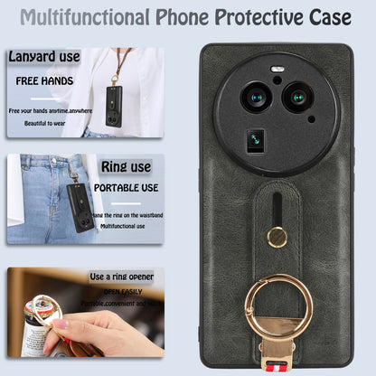 Phone Cover for Oppo Find X6 Pro Wristband Kickstand PU Leather Coated PC+TPU Case with Neck Strap