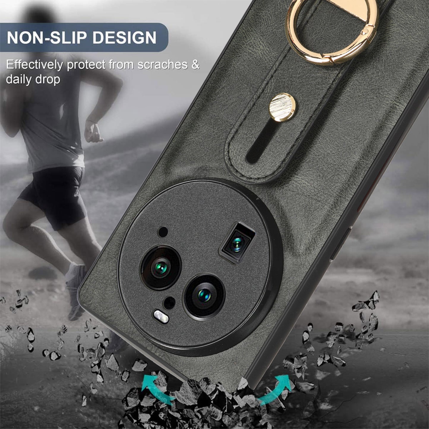 Phone Cover for Oppo Find X6 Pro Wristband Kickstand PU Leather Coated PC+TPU Case with Neck Strap